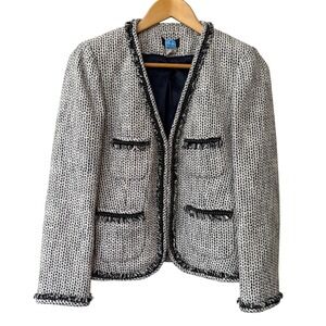 J.Crew Tweed Collarless Blazer Jacket Navy White Chain Fringe Pockets Size 6
